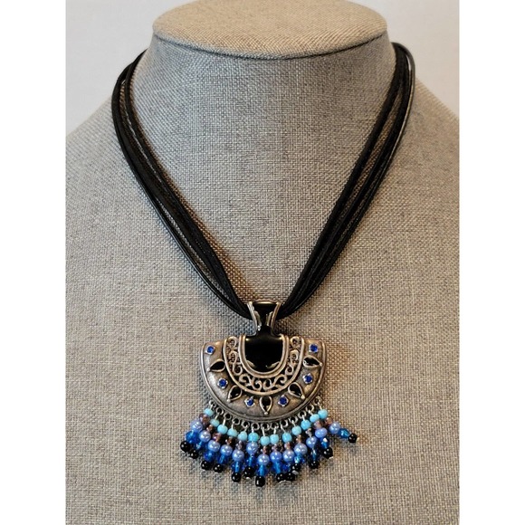 CHICO'S Three Strand Leather Corded Necklace W/ Beaded Silvertone Pendant - Picture 1 of 7